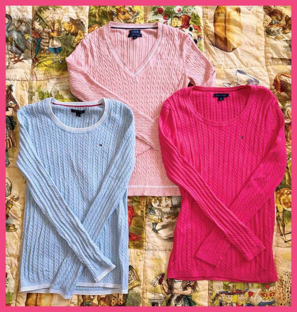 Lot of 3 Tommy Hilfiger Womens Cable Knit Sweaters Small Pink Blue Crew V-neck - Picture 1 of 13